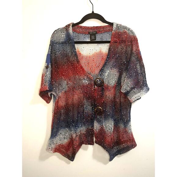 Katie Todd Women's Knit Cardigan Red White Blue Button Front Artsy Lagenlook M - Picture 1 of 6